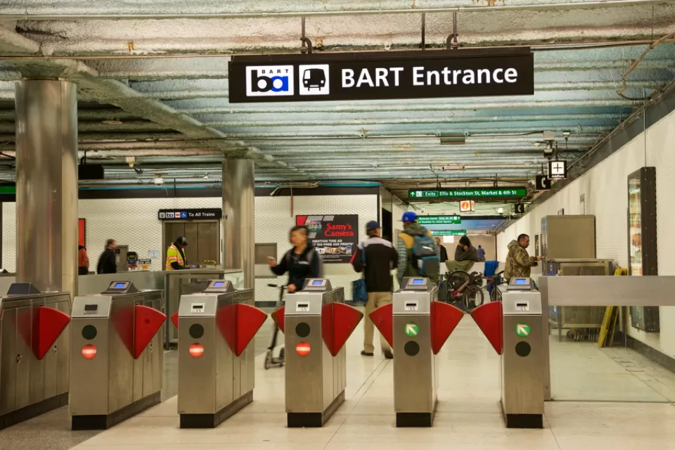 Fare gates at underground BART station in San Francisco, California